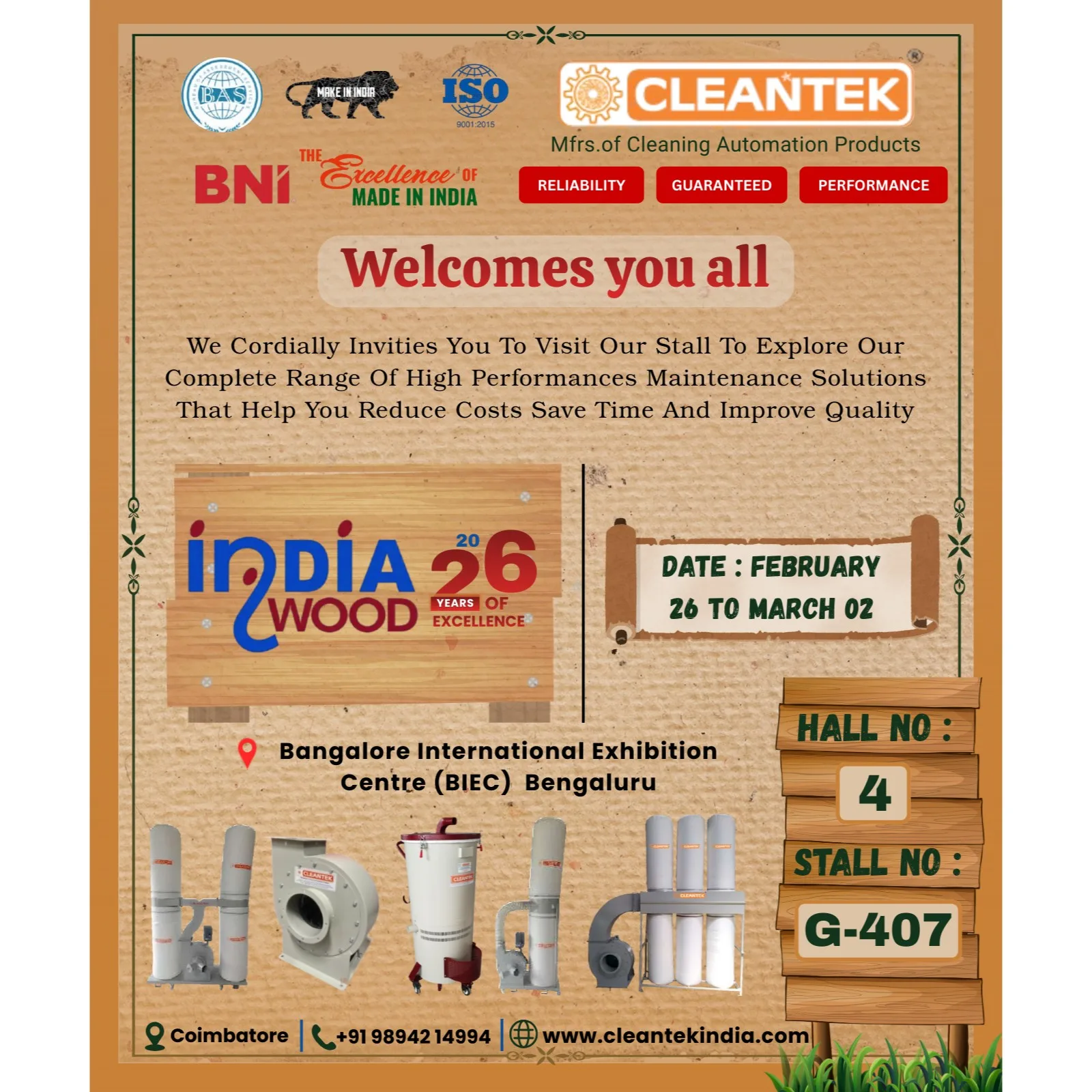 Cleantek Showcases Advanced Wood Dust Collection & Industrial Vacuum Solutions at INDIAWOOD 2026 , Bengaluru